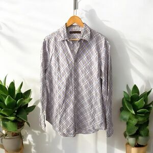 PERRY ELLIS Men's Plaid Shirt - lavender & tan plaid button down shirt LARGE